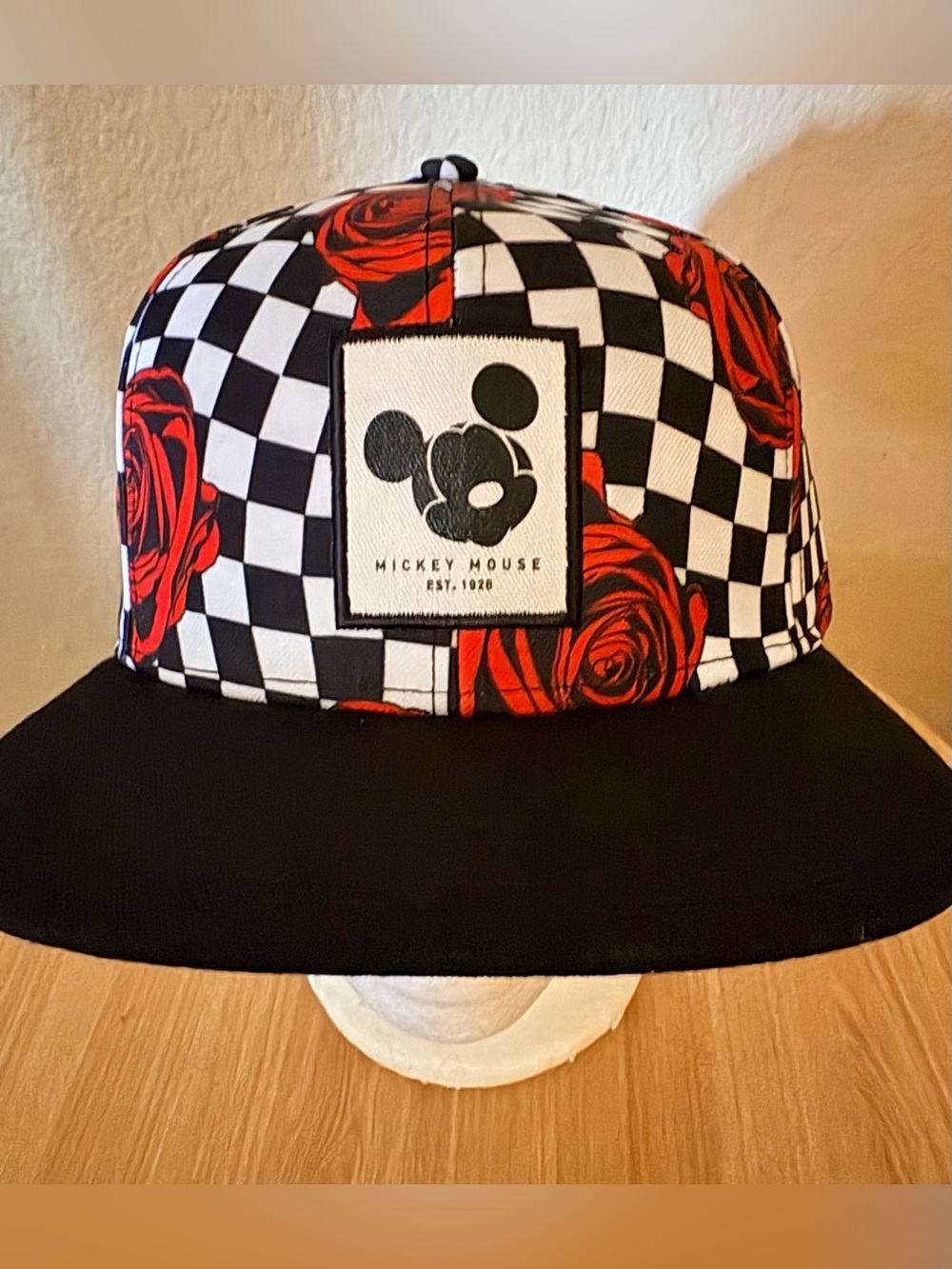Disney Mickey Mouse Patch Logo Neff Checkered Roses Pattern Snapback Streetwear - Picture 2 of 4
